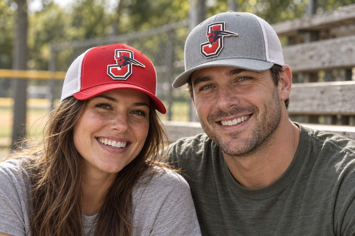 Fans wearing red and gray custom team patch hats