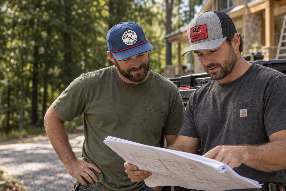Two contractors wearing custom Lasermade patch hats reviewing plans